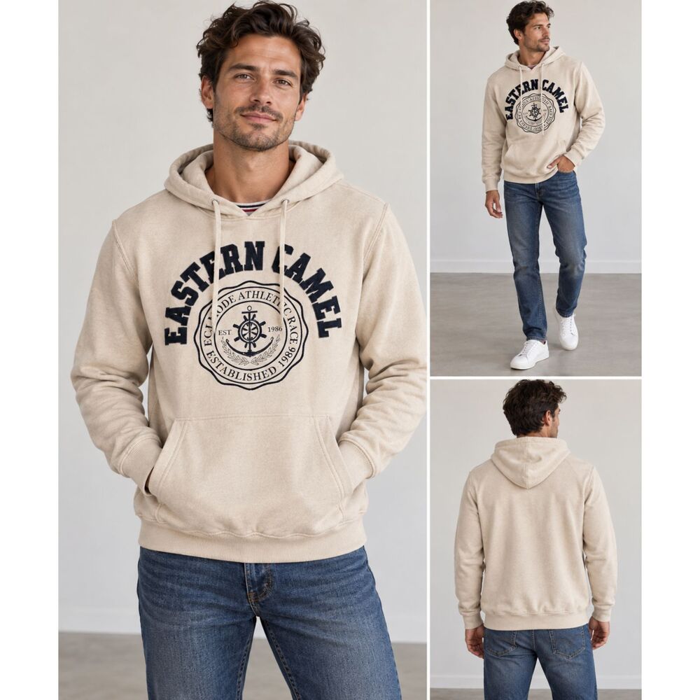 Eastern Camel E.C.F.S. Hoodie L Cream Striped Trim French Terry Pullover